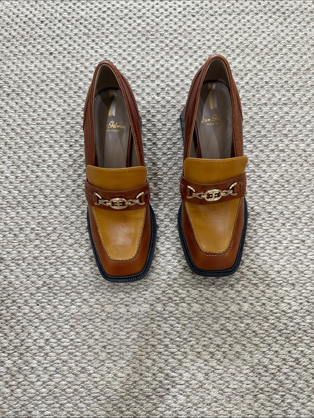 Sam Edelman Two-Tone Brown and Mustard Leather Bit Loafers